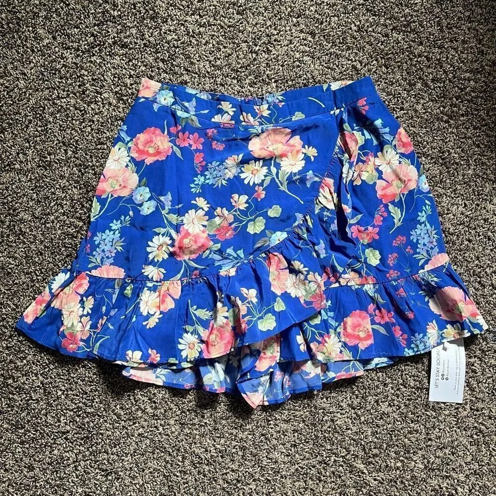 Yumi Kim Gigi Skirt Women Medium Blue Floral Ruffle Cross-Over Playful & Stylish